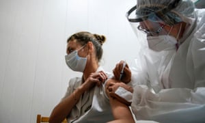 A medic at a regional hospital receives Russia’s “Sputnik-V” vaccine shot against the coronavirus disease (COVID-19) in Tver.