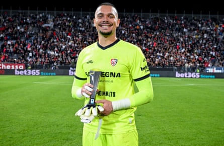 Elia Caprile poses with the player of the match award after the Serie A match between Cagliari and Juventus