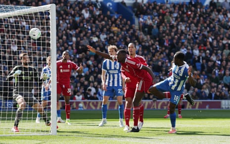 Brighton & Hove Albion's Danny Welbeck scores their first goal.