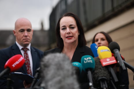 Catherine Kierans reading a statement to media outside court.