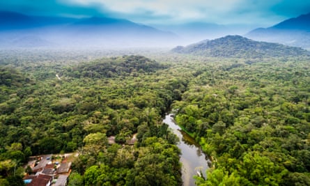 Amazon rainforest with river and village