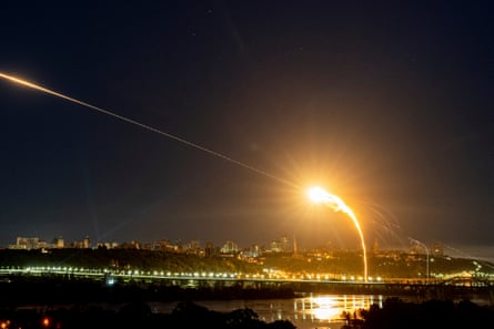 A Ukrainian air defence unit intercepts a Shahed drone during an attack on Kyiv.