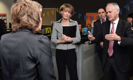 Michaelia Cash, centre, with Malcolm Turnbull at the Eastern community centre in Box Hill town hall, Melbourne, on Thursday.