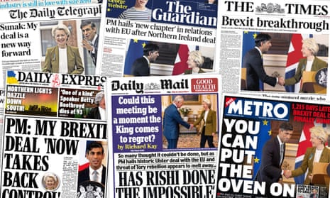 Composite of the UK newspaper front pages after Rishi Sunak announced a Northern Ireland deal to break a Brexit impasse.
