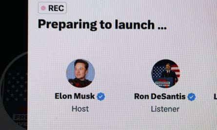 A screengrab of the Twitter Spaces platform with Elon Musk and Ron DeSantis.