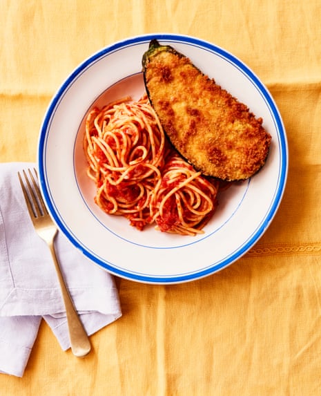 Miguel Barclay's aubergine Milanese with spaghetti.