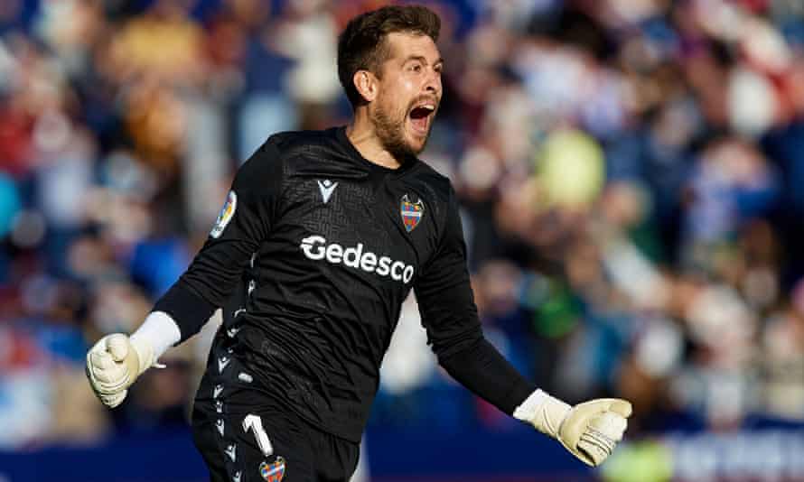 Levante goalkeeper Aitor Fernández of Levante celebrates wildly after the  2-0 defeat of Real Mallorca.