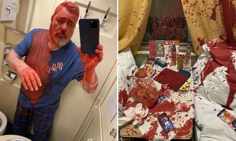 Nobel Peace prize winner, Dmitry Muratov, covered by red paint after being assaulted on a train. Pro-Russian “Union Z paratroopers” claimed responsibility