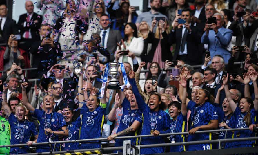 Chelsea celebrate with the Women's FA Cup Trophy