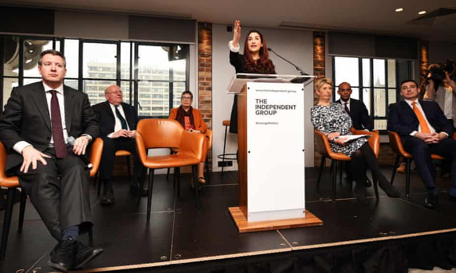 Luciana Berger (at the lectern) announces her resignation along with Chuka Umunna, Chris Leslie, Gavin Shuker, Angela Smith, Anne Coffey and Mike Gapes