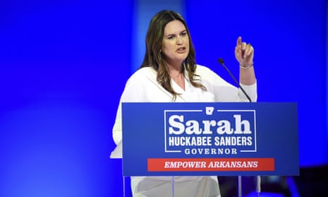 Arkansas Gov.-elect Sarah Huckabee Sanders speaks during her election night party Tuesday, Nov. 8, 2022, in Little Rock, Ark. (AP Photo/Will Newton)