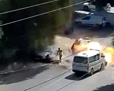 The front of an ambulance explodes