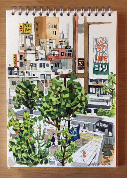 Colour sketch of Sumida area of Tokyo, Japan.