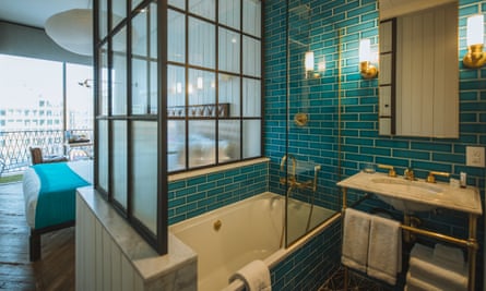 A bathroom in the Arlo Williamsburg Hotel.