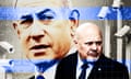 Composite design image of Benjamin Netanyahu and Karim Khan surrounded by CCTV cameras