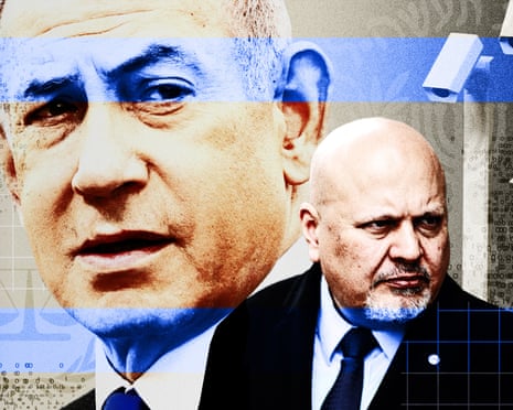 Composite design image of Benjamin Netanyahu and Karim Khan surrounded by CCTV cameras