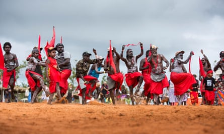 Red flag dancers from Numbulwarr performing ceremonial bunggul (dances) at the 17th annual Garma in north east Arnhem Land.