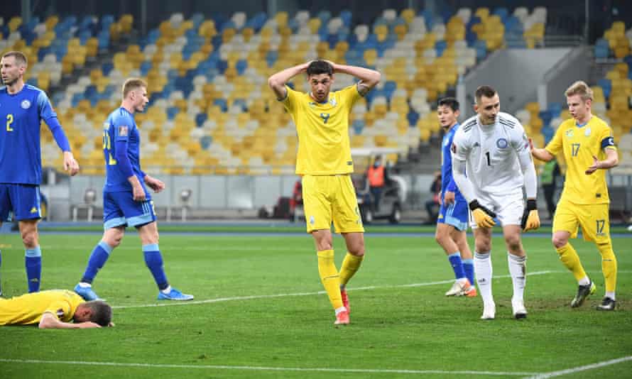 Roman Yaremchuk misses a chance against Kazakhstan.