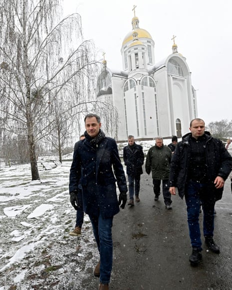 Belgian prime minister Alexander De Croo in front of the Church of St Andrew and Pyervozvannoho All Saints during a visit to Bucha.