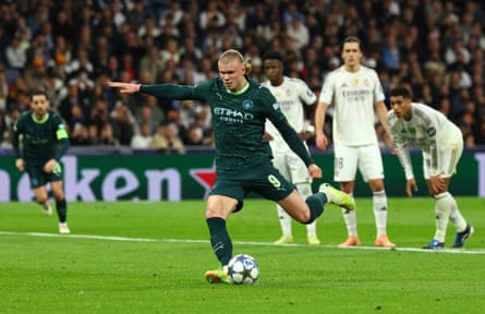 Erling Haaland takes a penalty against Real Madrid