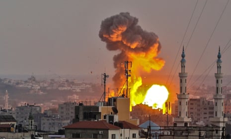 A fireball exploding in Gaza City during Israeli bombardment. Explosions were seen across the coastal enclave.