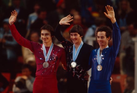 Jan Hoffmann, Robin Cousins, Charles Tickner at the 1980 Lake Placid medal ceremony