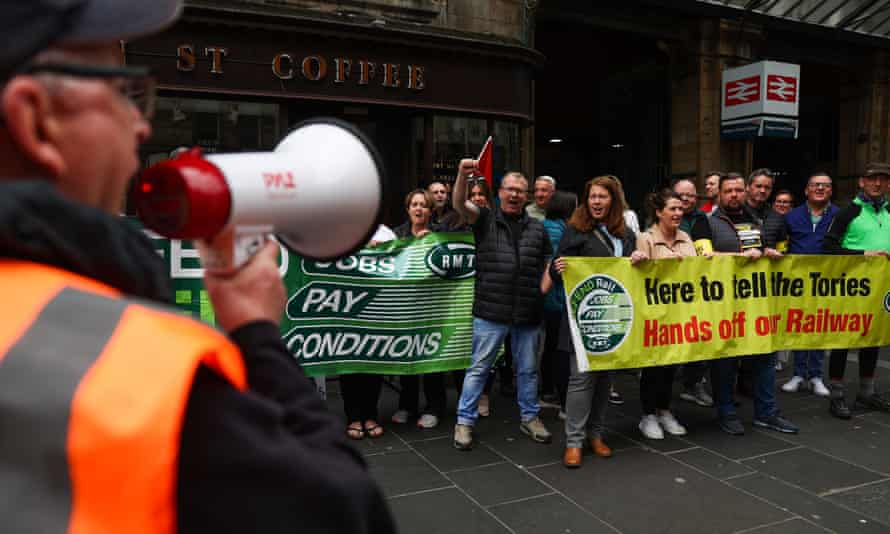 A picket line is seen outside Central Station as the second 24-hour rail strike is under way across Scotland.