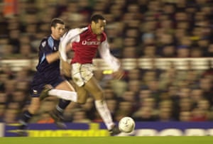 Thierry Henry, seen here in action during Arsenal’s 1-0 win over Derby County, was Arsenal’s leading scorer during the 2001/2 season and his 24 Premiership goals helped Arsenal win the title by seven points. Not only was Henry the club’s top goalscorer but he was also the League’s top goalscorer and winner of the Golden Boot.