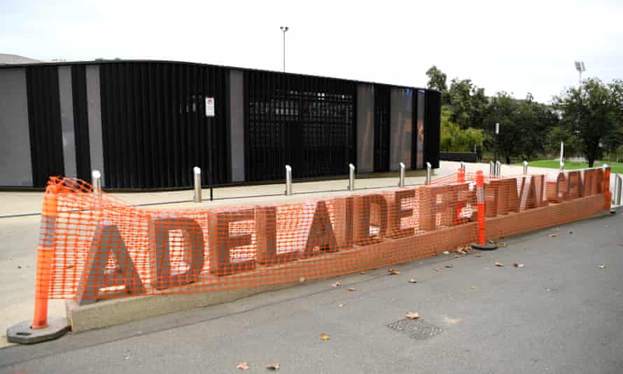 The Adelaide Festival Centre sign is covered during construction work in Adelaide on April 01, 2020 in Adelaide, Australia.