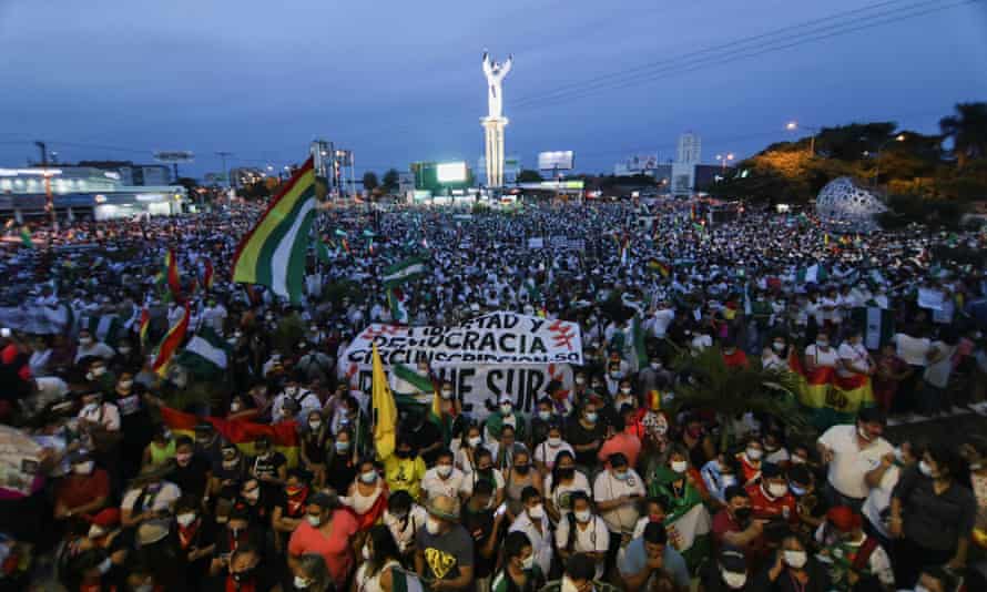 Demonstrators attend a rally to protest against President Luis Arce’s government after the detention of the former interim president Jeanine Áñez, in the lowland city of Santa Cruz on Monday.