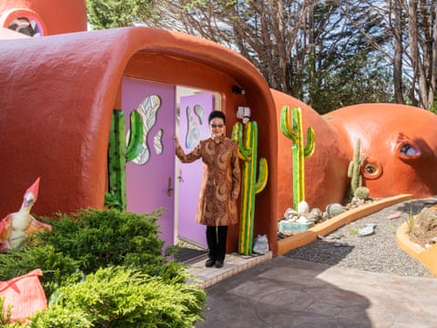 The Flintstone house owner, Florence Fang, in the front entry of her home in Hillsborough.