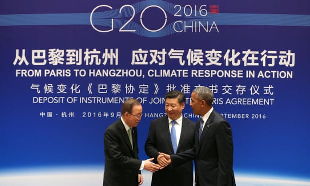 Chinese president Xi Jinping (centre), US president Barack Obama (right) and UN secretary-general Ban Ki-moon shake hands during a joint ratification of the Paris climate change agreement ceremony ahead of the G20 summit in Hangzhou.