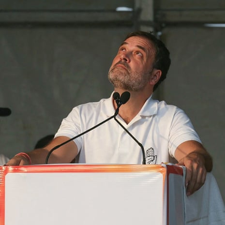 Indian National Congress (INC) Party leader Rahul Gandhi looks up during an election rally of Indian National Developmental Inclusive Alliance (INDIA) on the outskirts of Varanasi on 28 May 2024, during country’s ongoing general election.