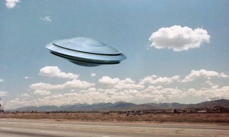 Illustration of a UFO flying saucer above a highway.