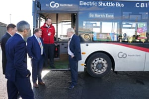 Boris Johnson inspecting a new electric shuttle bus at the Port of Tyne earlier today.