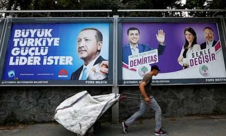 Election posters for Erdoğan (left), and Selahattin Demirtas’s People’s Democratic party.