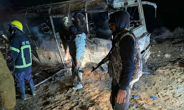 The scene of an attack targeting a bus transporting regime soldiers.