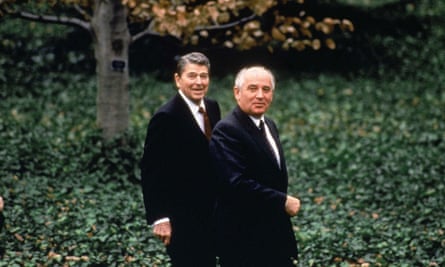 Mikhail Gorbachev with Ronald Reagan. In the 1980s Donald Trump claimed that in one hour with Gorbachev he could end the cold war.