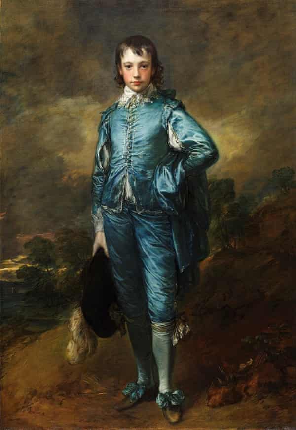 The Blue Boy was painted in approximately 1770. It depicts a young boy with fair skin, rosy cheeks and brown hair who is dressed in a peacock-blue outfit. He has one hand resting on his hip and the other holds a hat with an ostrich feather