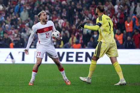 Turkey's Baris Alper Yilmaz celebrates scoring their first goal.