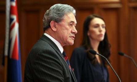 Jacinda Ardern and New Zealand First leader Winston Peters speak to media during the signing of a coalition agreement on Tuesday.