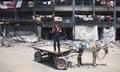 A Palestinian youth stands on a donkey cart in the grounds of a partially destroyed school in the Jabalia refugee camp in northern Gaza.