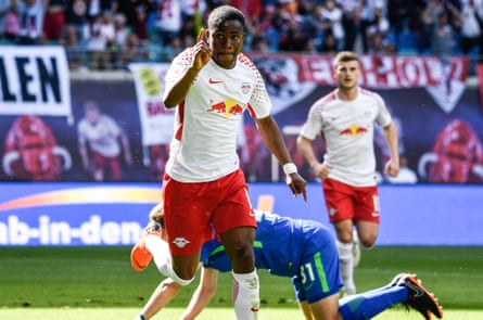 Ademola Lookman celebrates after scoring for RB Leipzig against Wolfsburg in May 2018.