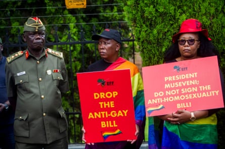 'Drop the anti-gay bill' and 'President Museveni; Do not sign the anti-homosexuality bill!'