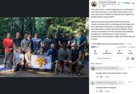 Men pose with a flag, alongside a social media post