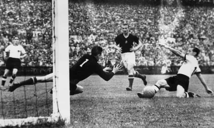 Hungary concede a goal against West Germany during their defeat in the 1954 World Cup final in Bern, Switzerland.
