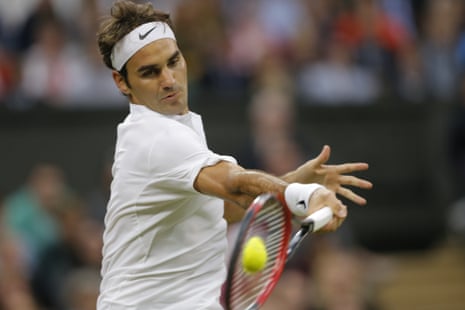 Roger Federer unleashes a big forehand.