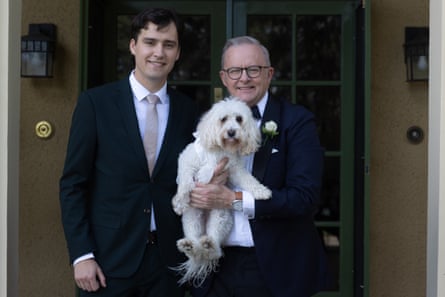 Anthony Albanese with his son Nathan and ringbearer Toto before the ceremony.