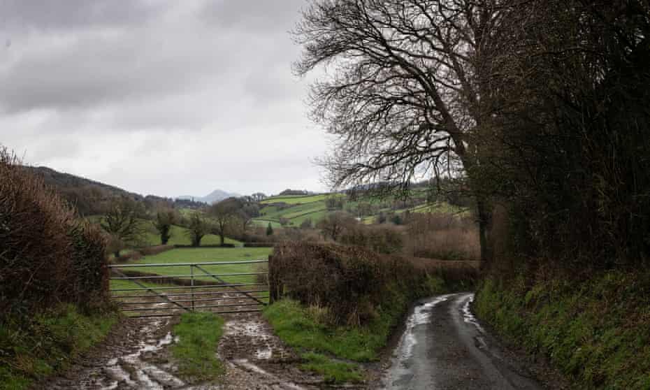 The hillside where a broiler factory-farm shed that will house 100,000 birds is planned on the Groes Y Garreg Farm, just outside Berriew, Powys, South Wales, 24-Feb-2020. A group of residents are opposing the development on the grounds on the grounds of environmental damage. (The lane off the right is the lane that leads to the farm).