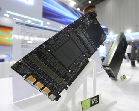 An Nvidia AI accelerated computing card is displayed at the Hangzhou International AI Application and Robot Innovation Show